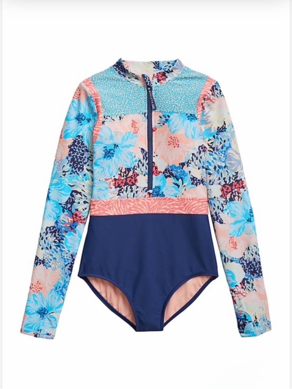 Athleta Girl Size M (8-10) Floral Rash Guard One Piece Swimsuit Long Sleeve Zip